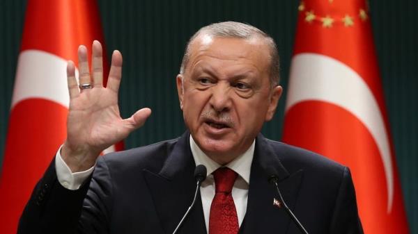 President of Turkey, Recep Tayyip Erdogan gestures as he gives a press co<em></em>nference after the cabinet meeting at the Presidential Complex in Ankara, Turkey, on September 21, 2020. (AFP)